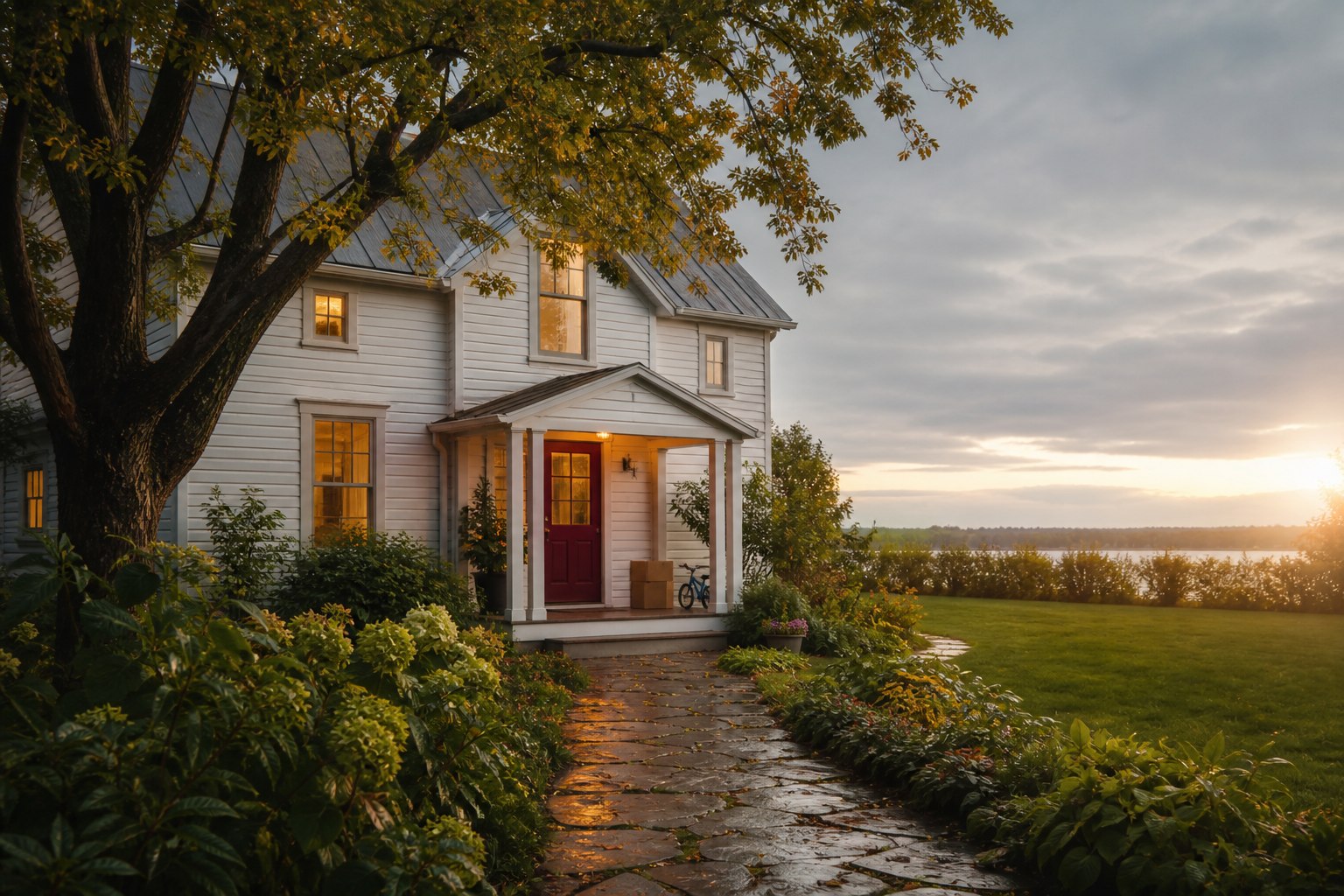 Maison familiale québécoise au coucher du soleil
